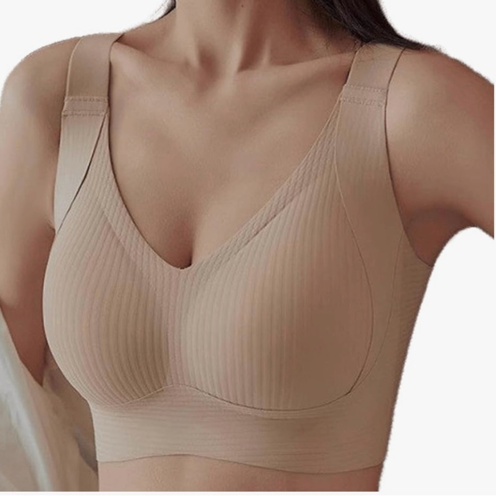 Tan/ Ivory Seamless Ribbed Bra with V-Neckline (two)